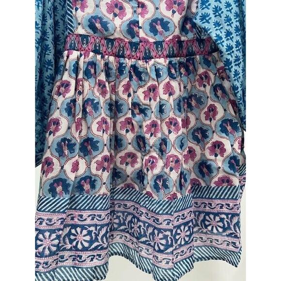 Oliphant Mini Dress Long Balloon Sleeves Tie Front Floral Fern Blue Small NWT - Picture 6 of 12